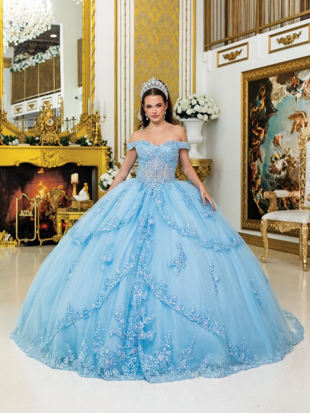 NEW BAHAMA BLUE Tulle & Glitter Off Shoulder Quinceanera Ball Gown 5024